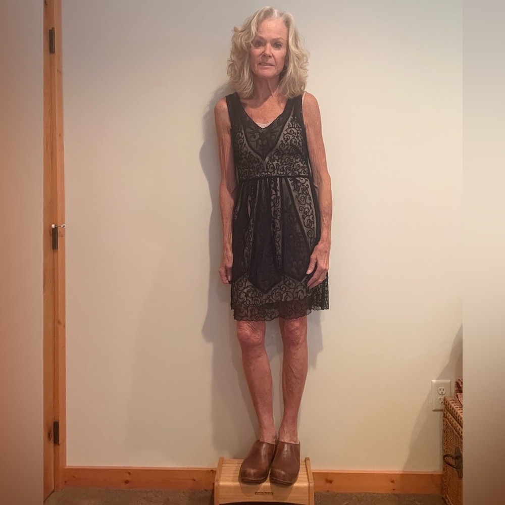 Elegant Black Lace Dress with Cream Underslip
